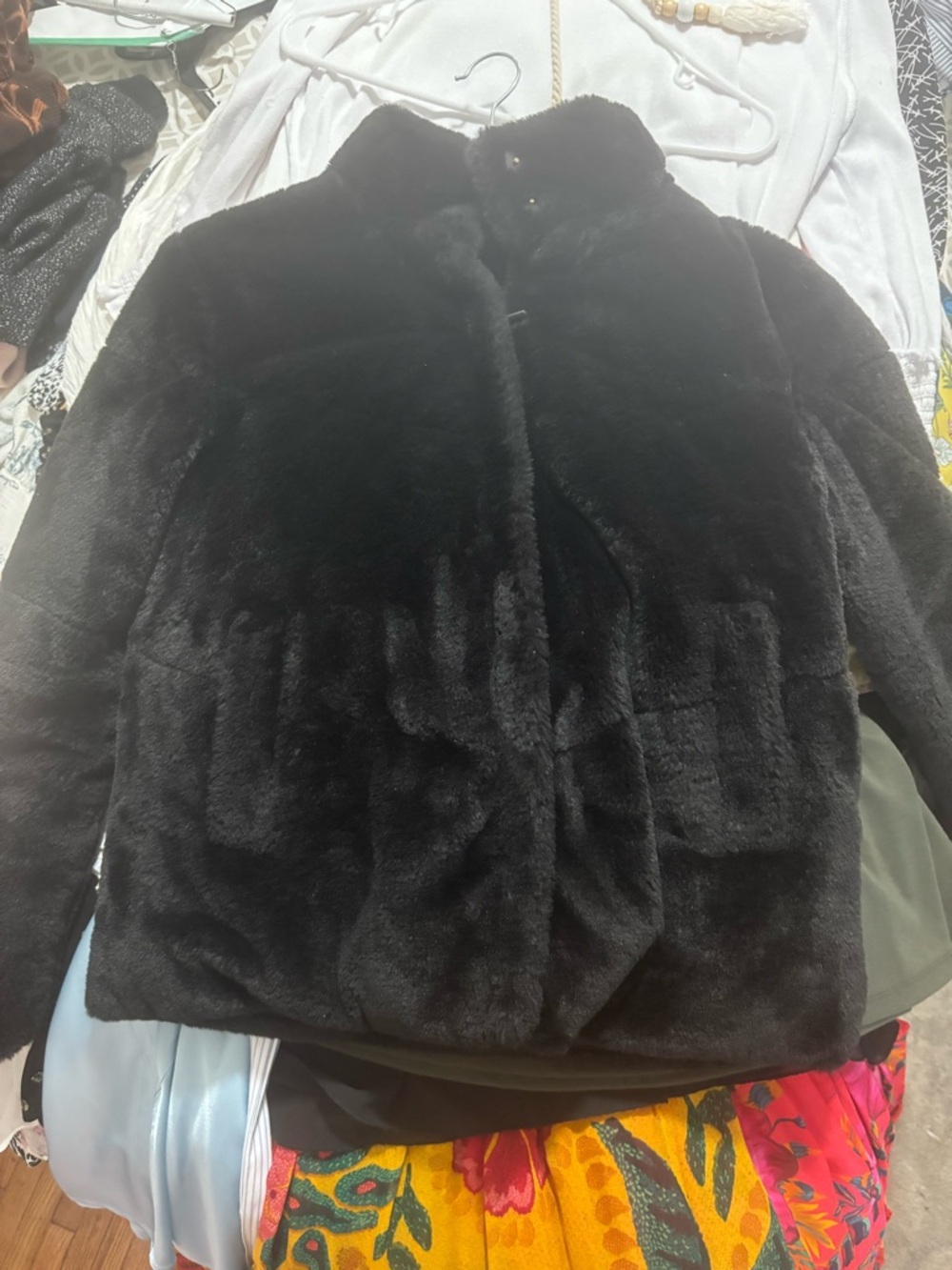 Zara Black Faux Fur Coat with Zip Front